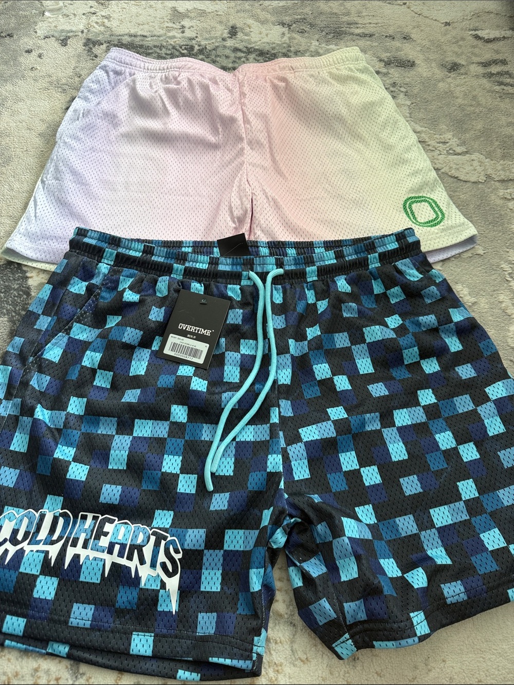Blue & Black Checkered Athletic Shorts with Light Blue Drawstring